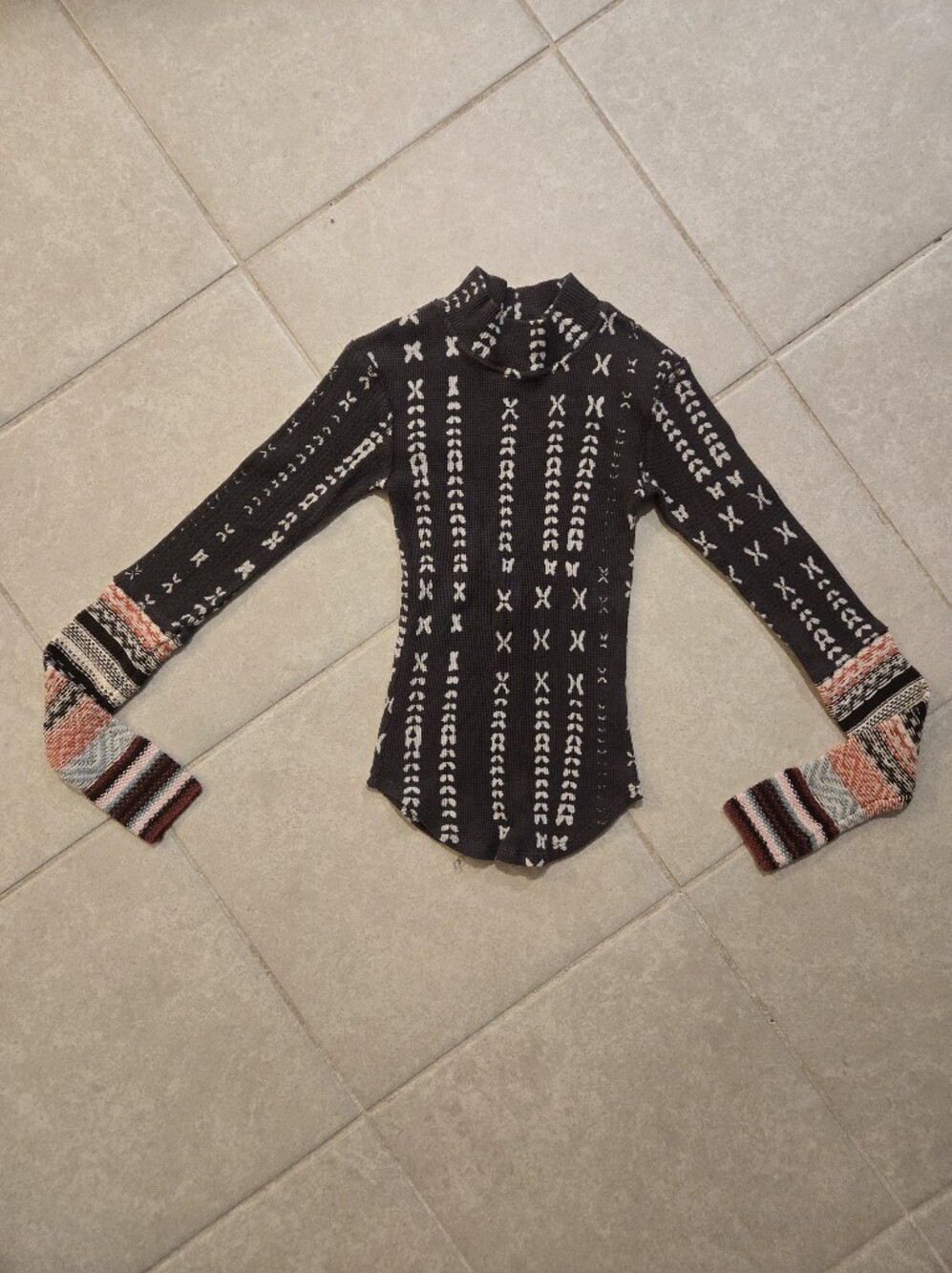 Free People Black and White Patterned Turtleneck Sweater with Multicolor Cuffs